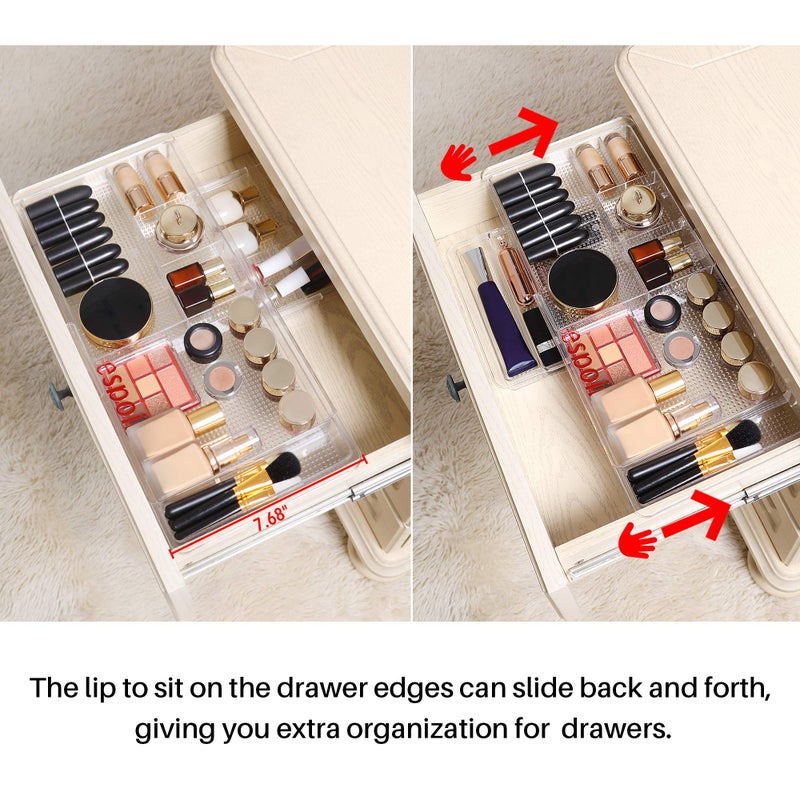 Oubonun Expandable Drawer Organizer 11.1â€ to 19.2â€ Width, Shallow Cosmetic Organizer 1.3â€ Height, 4 Packs, Clear Plastic Storage Trays for Dressing Table,Bathroom - Image 3